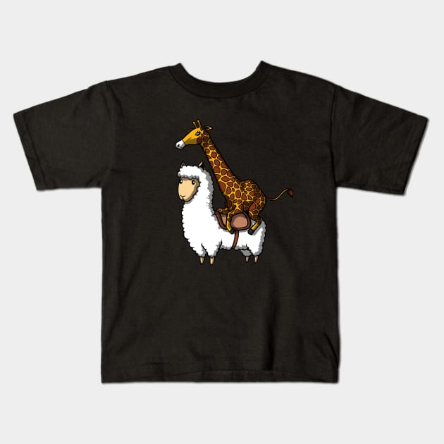 Giraffe Riding Lllama Kids T-Shirt by underheaven